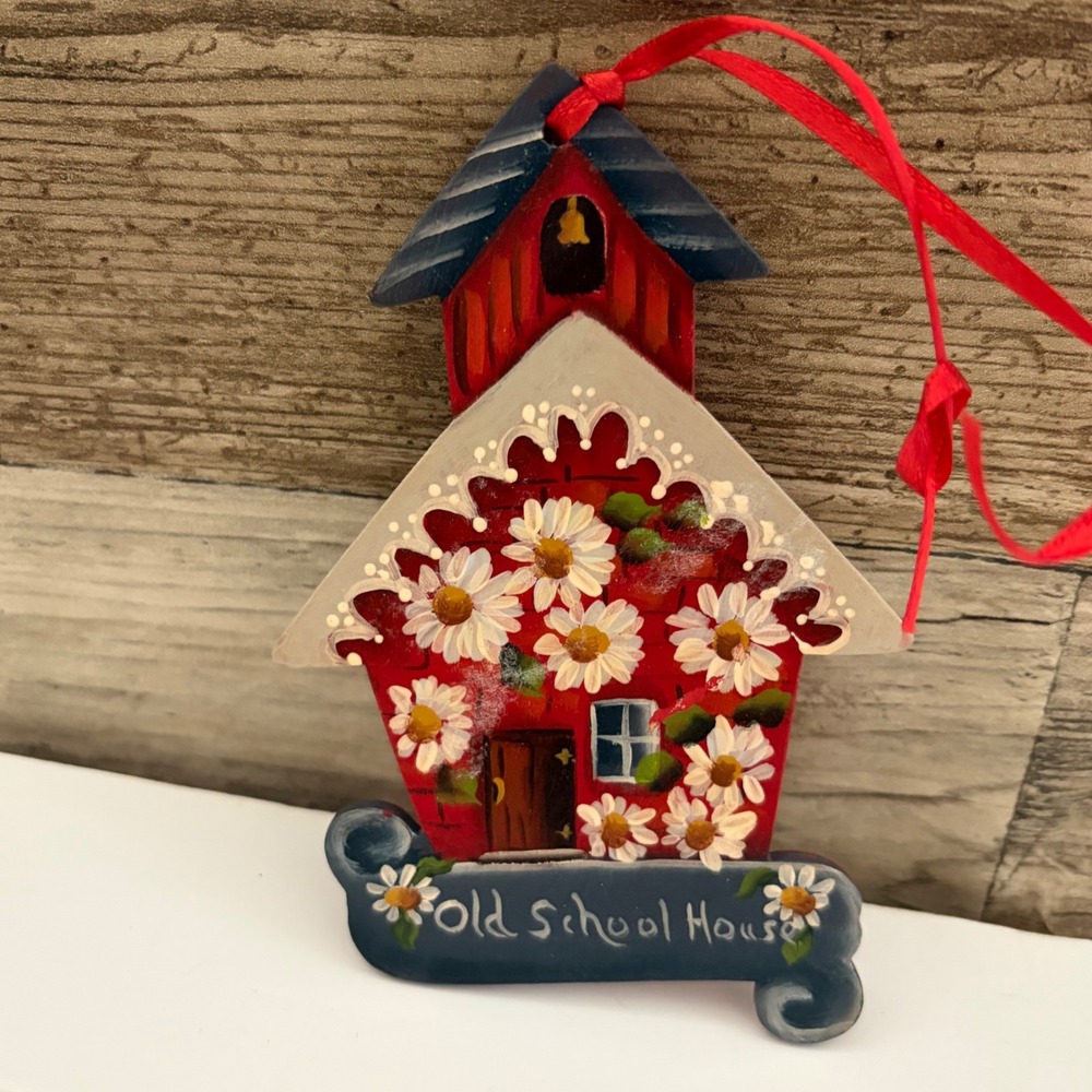 Hand Painted Wood Old School House Ornament Daisy Floral Folk Art Signed Jan